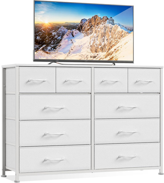White Bedroom Dresser for 55” TV Stand - Entertainment Center with 10 Fabric Storage Drawers, Sturdy Metal Frame Tall Storage Cabinet for Living Room and Entryway