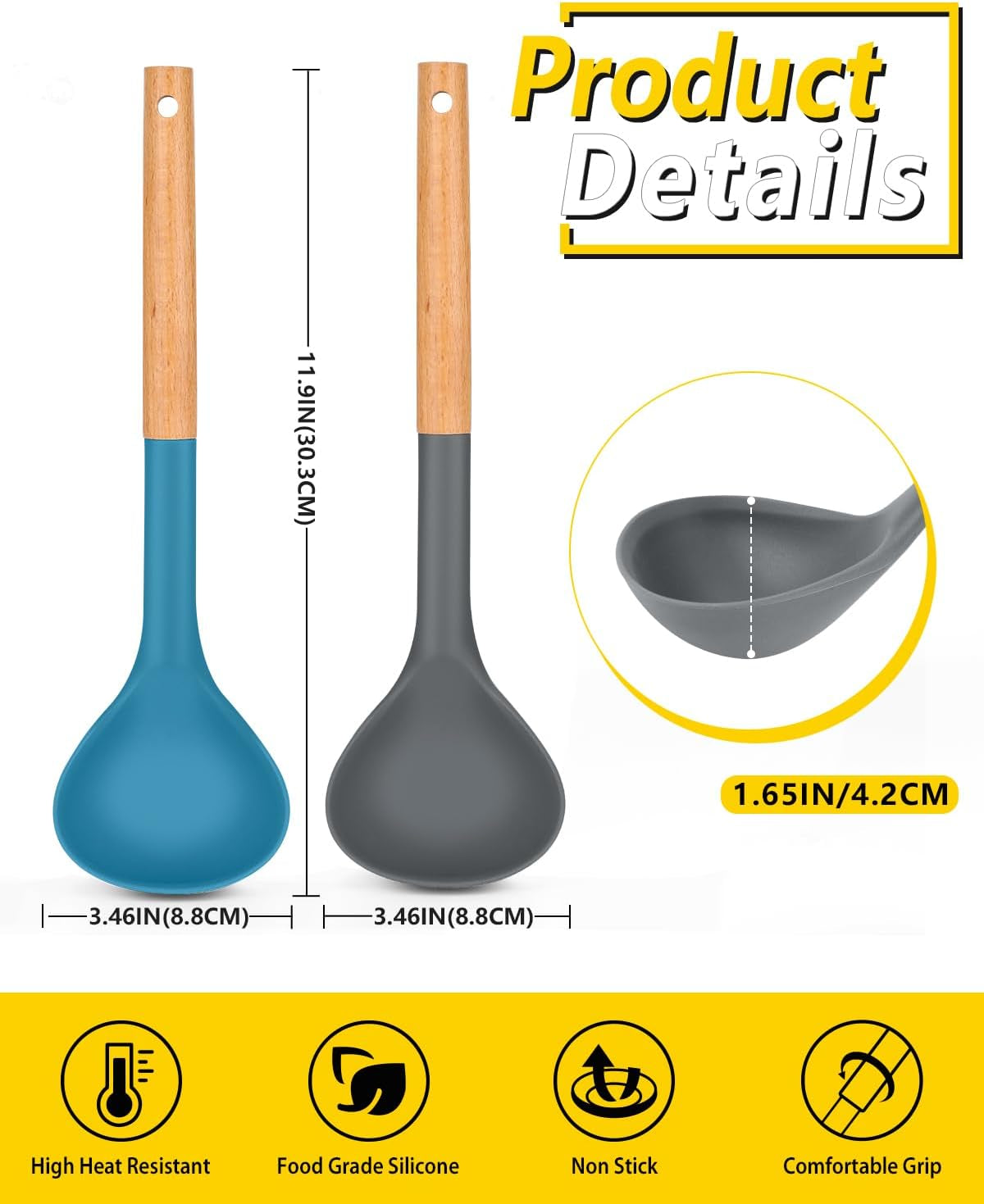 Pack of 2 Soup Ladle, Silicone Ladle Spoon with Wooden Handle, Large Non Stick High Heat Resistant Kitchen Utensils for Cooking, Stirring, Serving Soups(Gray-Blue)