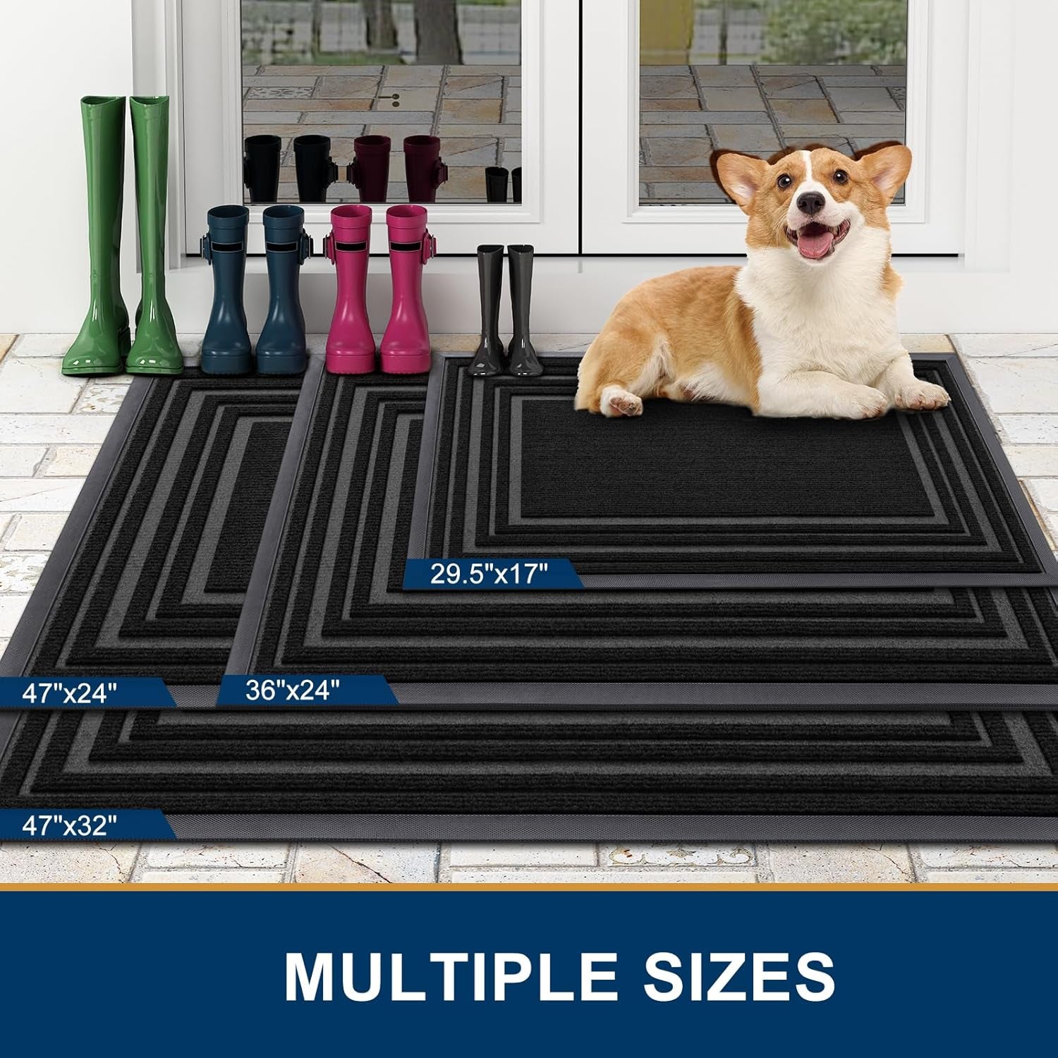 Front Door Mat Indoor Outdoor Entrance, Non-Slip Natural Rubber Doormats, Easy Clean, Low Profile, Dirt Trapper Entryway Floor Mats for Outside, Garages and Patios, 29.5X17, Black