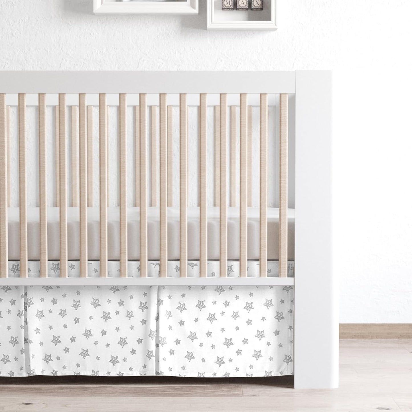Crib Skirt Boy Girl Pleated Dust Ruffle Machine Washable, 14" Drop, Toddler Crib Bed Skirt White with Grey Star, Microfiber Nursery Standard Crib Bedding Skirt