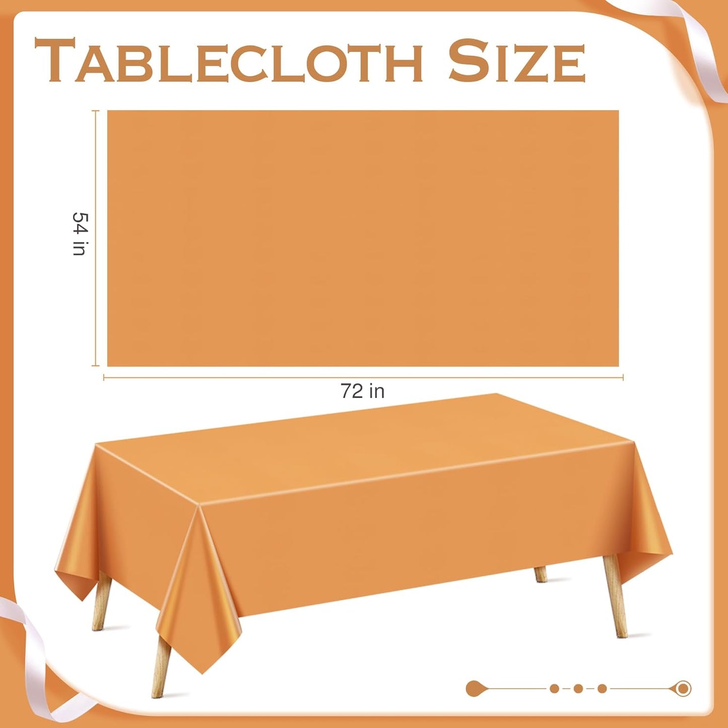 Set of 4 Orange Rectangular Tablecloths, 54x72 Inches, Waterproof and Spillproof Disposable Plastic Covers for Dining, Buffets, Picnics, and Outdoor Events