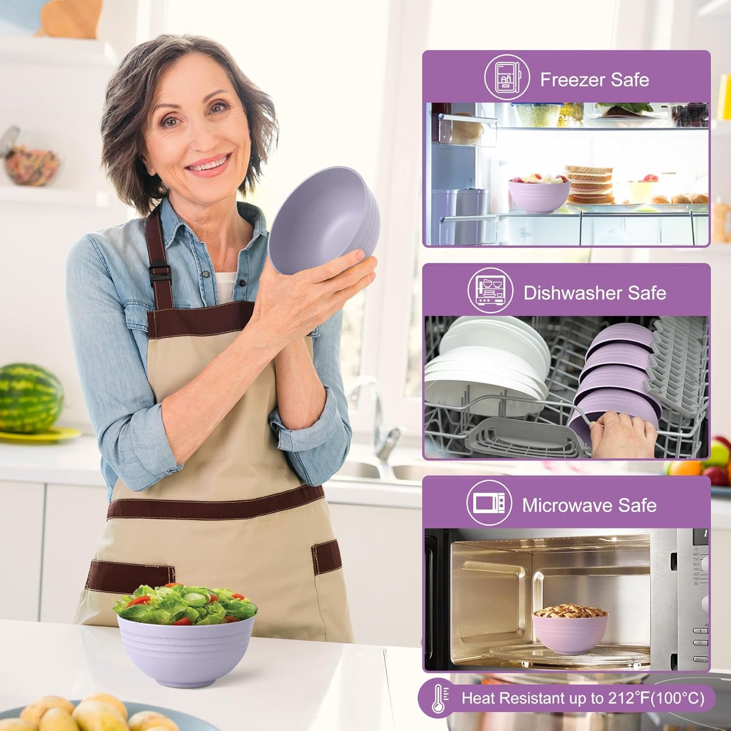 BPA Free Unbreakable Wheat Straw Cereal Bowls - Microwave & Dishwasher Safe Soup and Salad Bowls, Set of 8, 26Oz, Purple