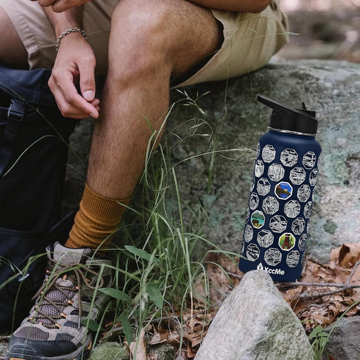 National Parks Water Bottle with Stickers,32 Oz Stainless Steel Insulated Water Bottle with Straw,2 Lids,Leak Proof Metal Water Cup for Hiking,Travel,Sports,Camping,Wide Mouth Bottle