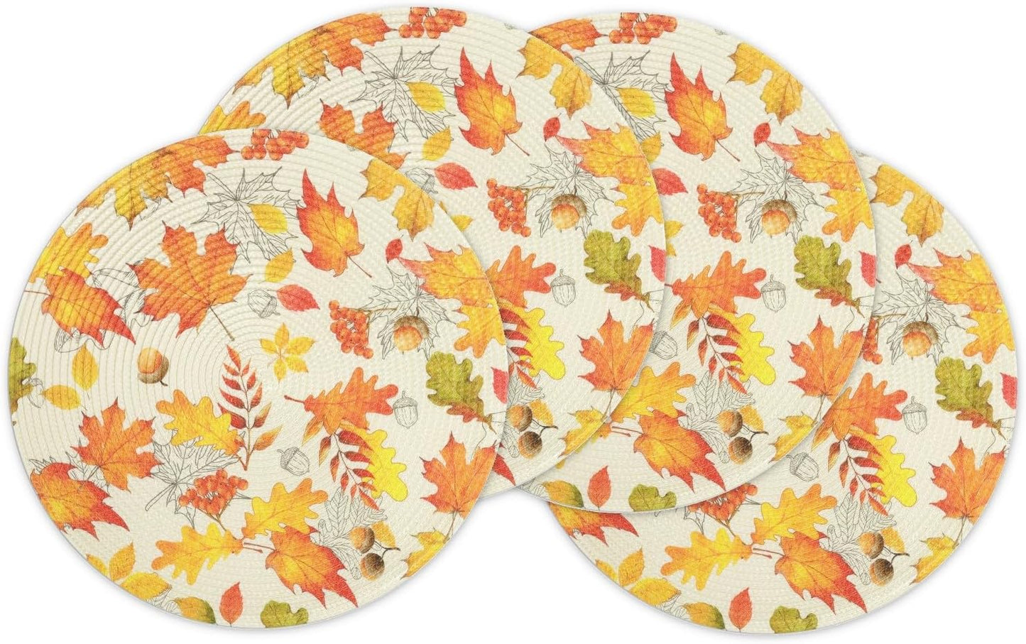 round Fall Placemats Set of 4 Orange Maple Leaves Nuts Acorn Polypropylene Woven Braided Place Mats 15 Inch Seasonal Autumn Thanksgiving round Table Mats Kitchen Dining Table Decoration