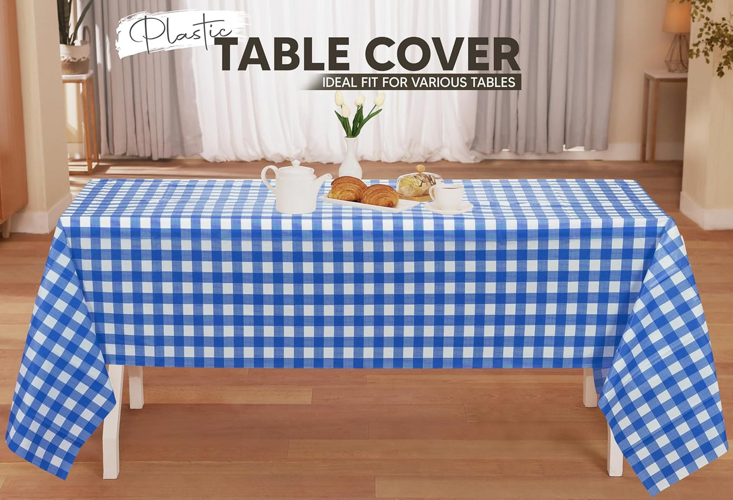 Plastic Table Cloth Disposable (12 Pack - 54X108 Inch) Blue Check Rectangle Tablecloth Waterproof Stain Resistant Party Table Cover