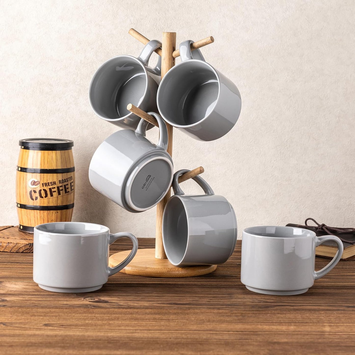 Set of 6 Modern 14oz Stackable Grey Ceramic Coffee Mugs for Hot Beverages