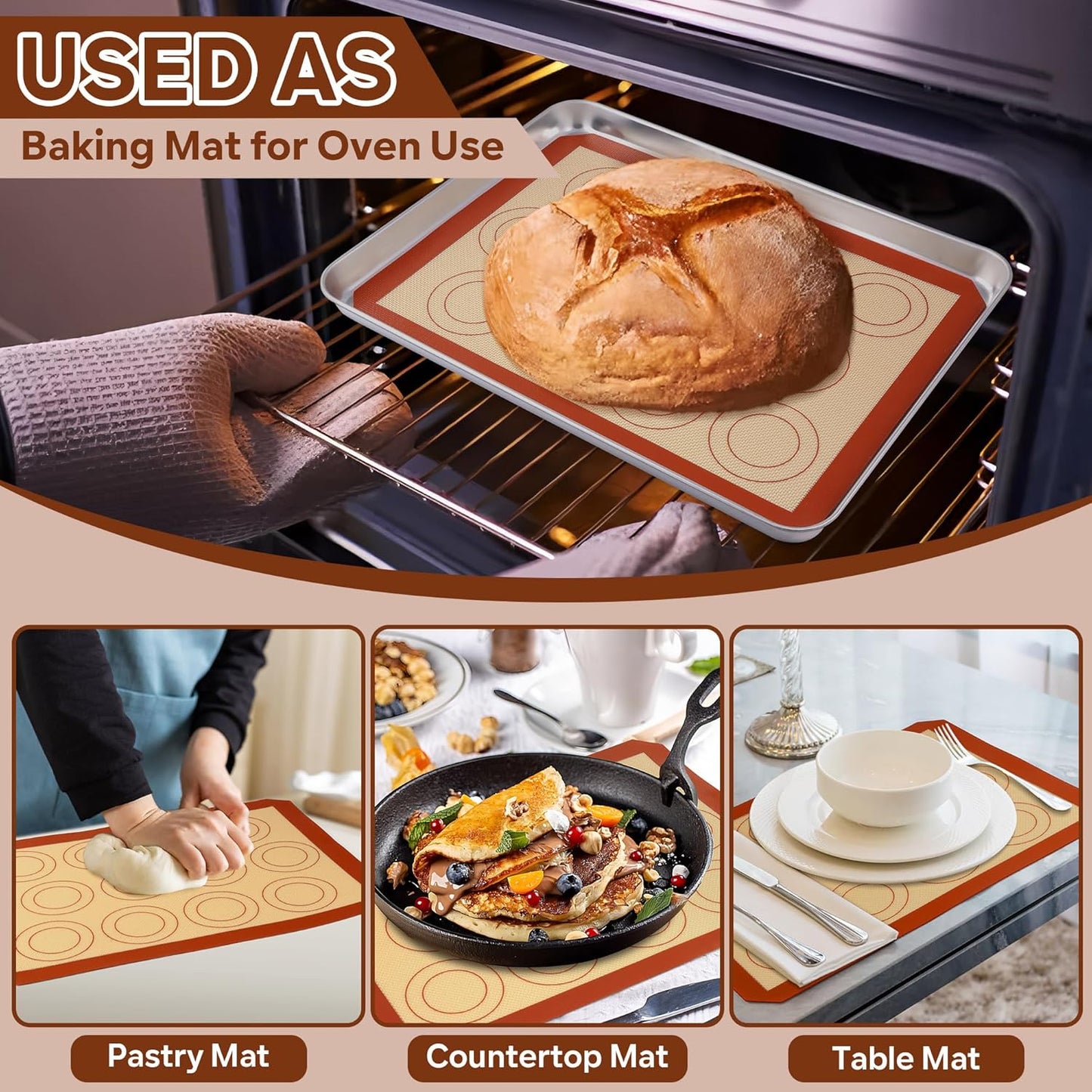 15 Inch Silicone Baking Mats, 2 Pcs Reusable Silicone Oven Mat, Non Stick Baking Supplies for Macaroon Pastry Bread Dough Cookie, Fits Well with Sheet Pan, Healthy & Easy Clean