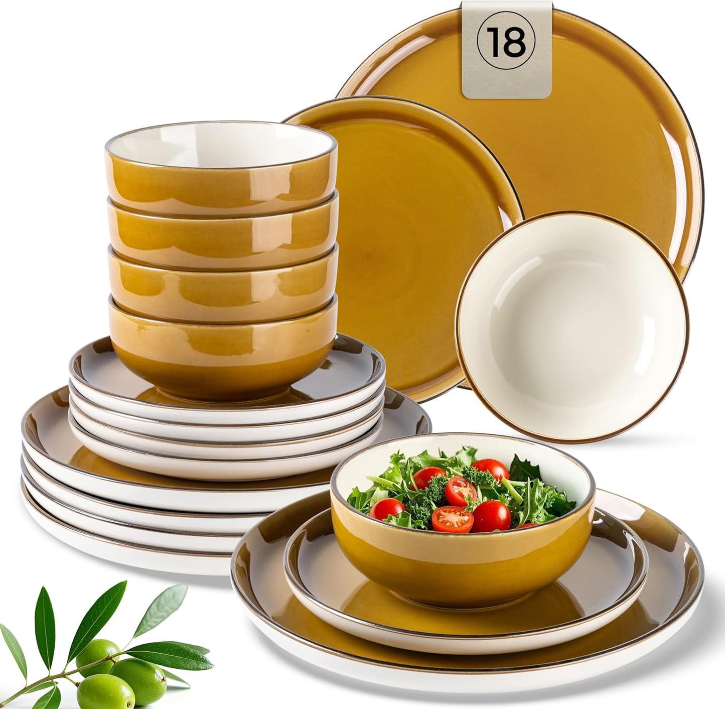 18-Piece Stoneware Dinnerware Set for 6 - Ceramic Plates and Bowls, Dishwasher and Microwave Safe