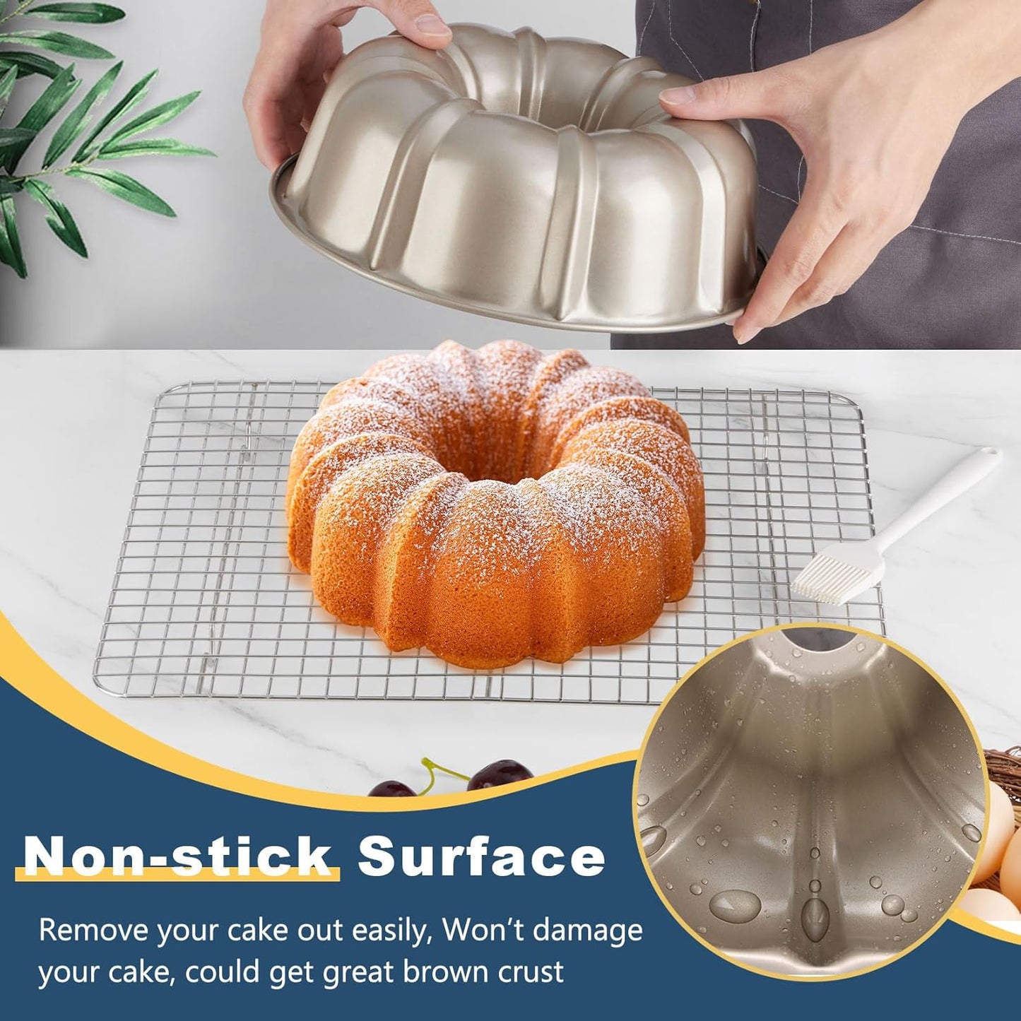 10 Inch Gold Non-Stick Cake Pan, Carbon Steel Fluted Tube Pan for Baking Pound Cake, 10-Cup Large Capacity round Bakeware, Healthy & Heavy Duty, 1 Piece