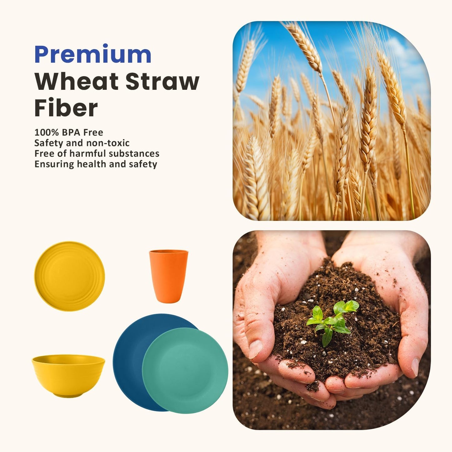40-Piece Premium Wheat Straw Dinnerware Set for 8 - Unbreakable Plates, Bowls, and Cups - Dishwasher and Microwave Safe Kitchen Dishes - Multi-Color