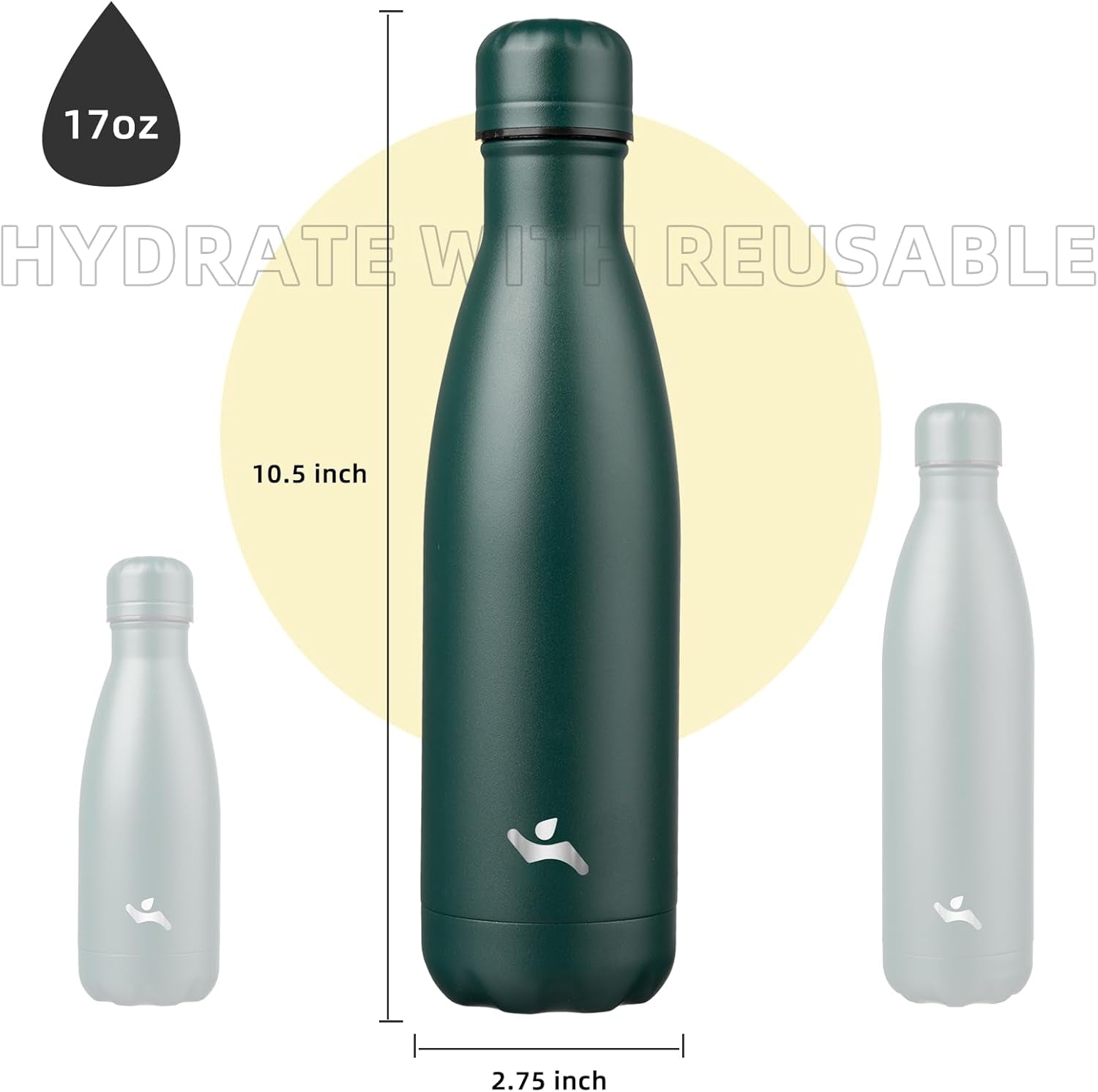 Insulated Water Bottles,17 Oz Double Wall Stainless Steel Vacumm Metal Flask for Sports Travel,Army Green
