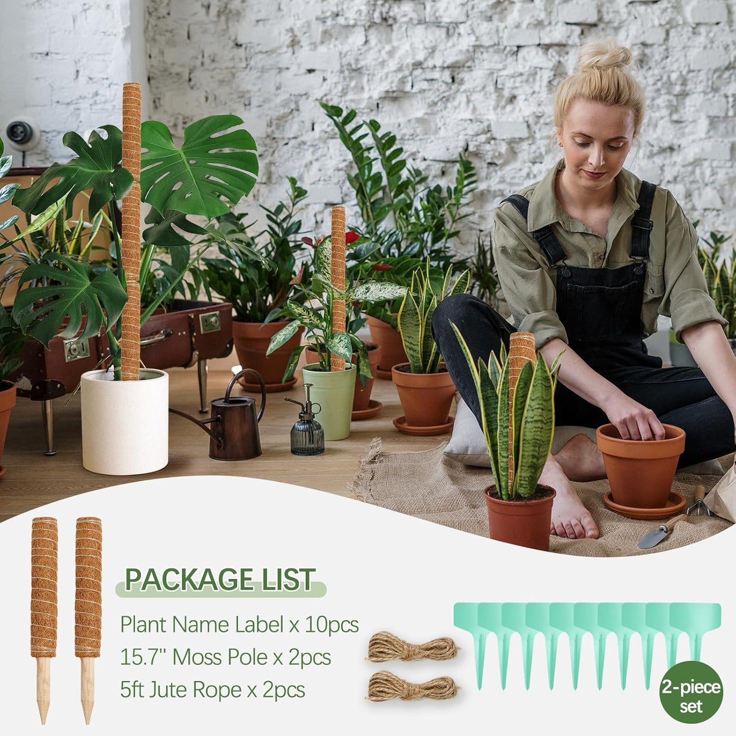 26.4 Inch Moss Pole Monstera Plant Support, 2 Pcs 15.7 Inch Moss Pole for Plants Monstera, Plant Stakes for Indoor Plants with Jute Rope and Name Label