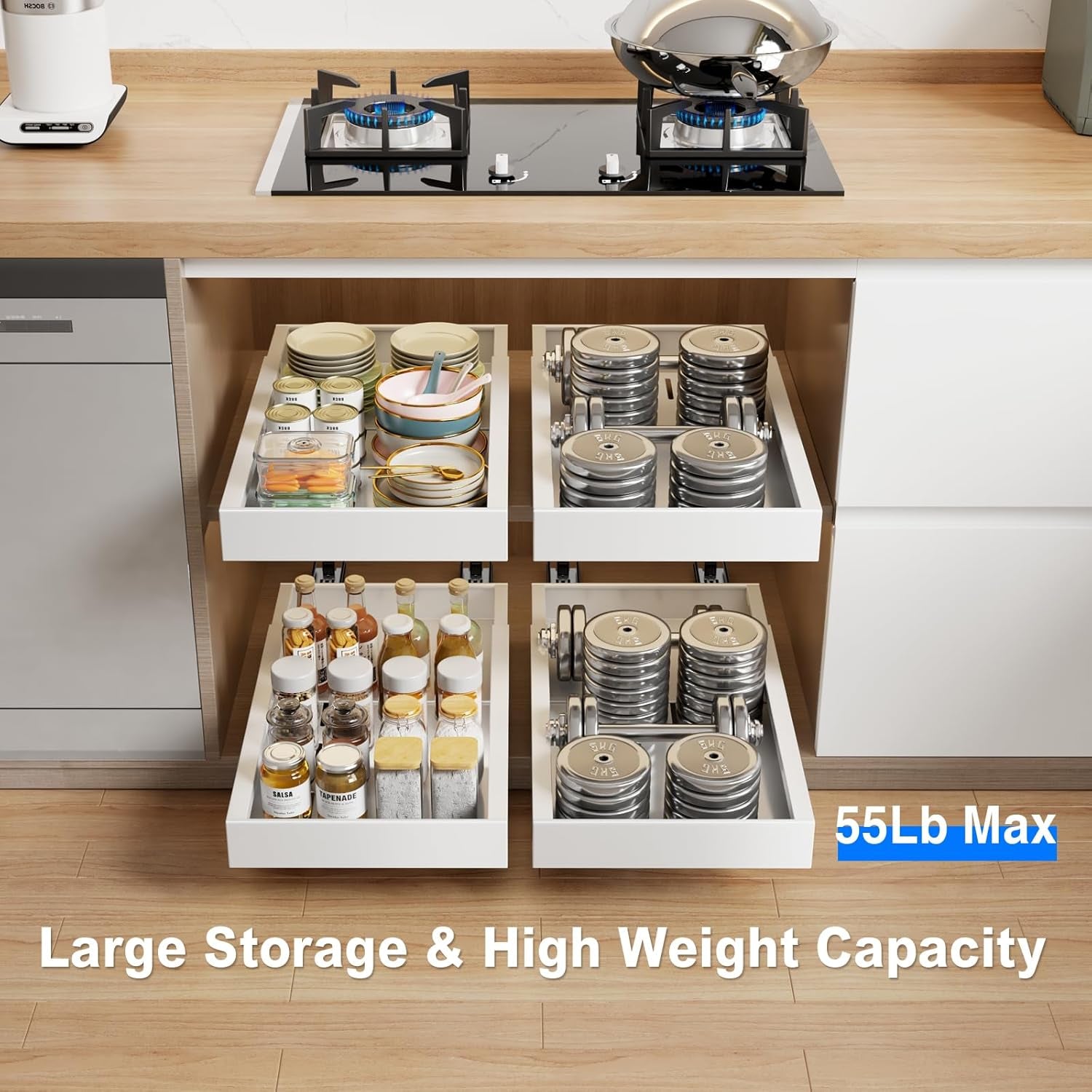 2 Pack Pull Out Cabinet Organizer, 21.8" Deep Slide Out Drawer for Cabinets Adhesive Pull Out Drawers Heavy Duty Pull Out Shelves for Kitchen, Cupboard, Pantry, Bathroom-White