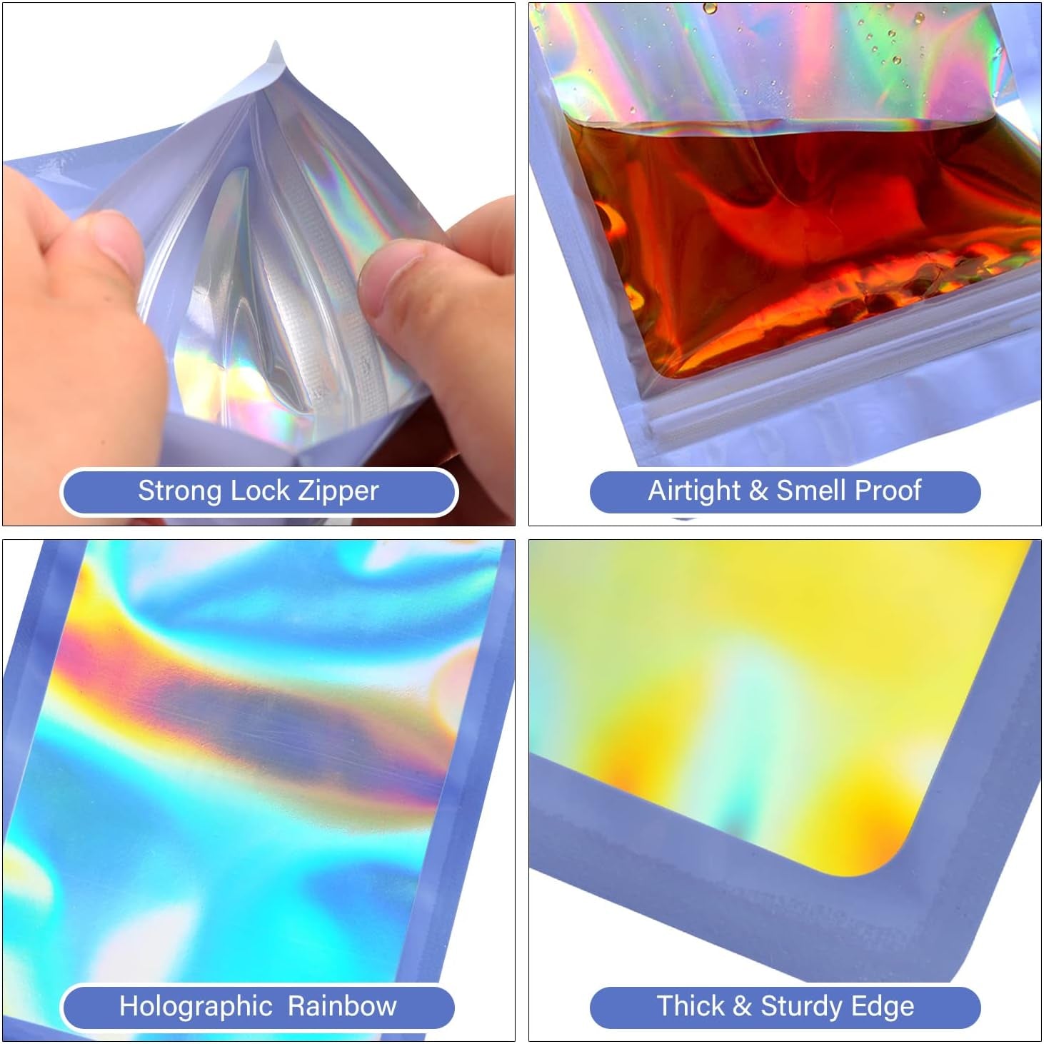 100-Pack 2×2 Inch Mylar Bags with Clear Window Holographic Resealable Sealable Packaging Zip Bag for Small Bussiness Jewelry Candy Sample Food Packing Supplies (Purple)