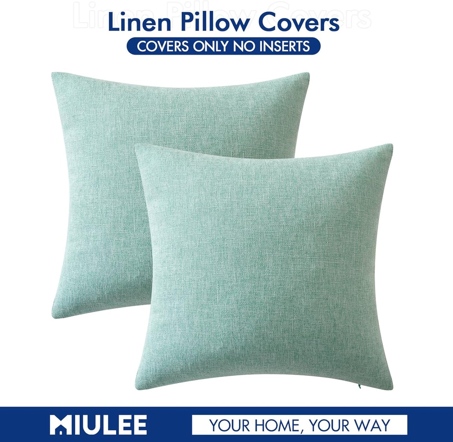 Pack of 2 Decorative Farmhouse Linen Pillow Covers Rustic Boho Accent Outdoor Couch Throw Pillow Covers for Cushion Bed Sofa Living Room Home Decor 18X18 Inch Aqua Green