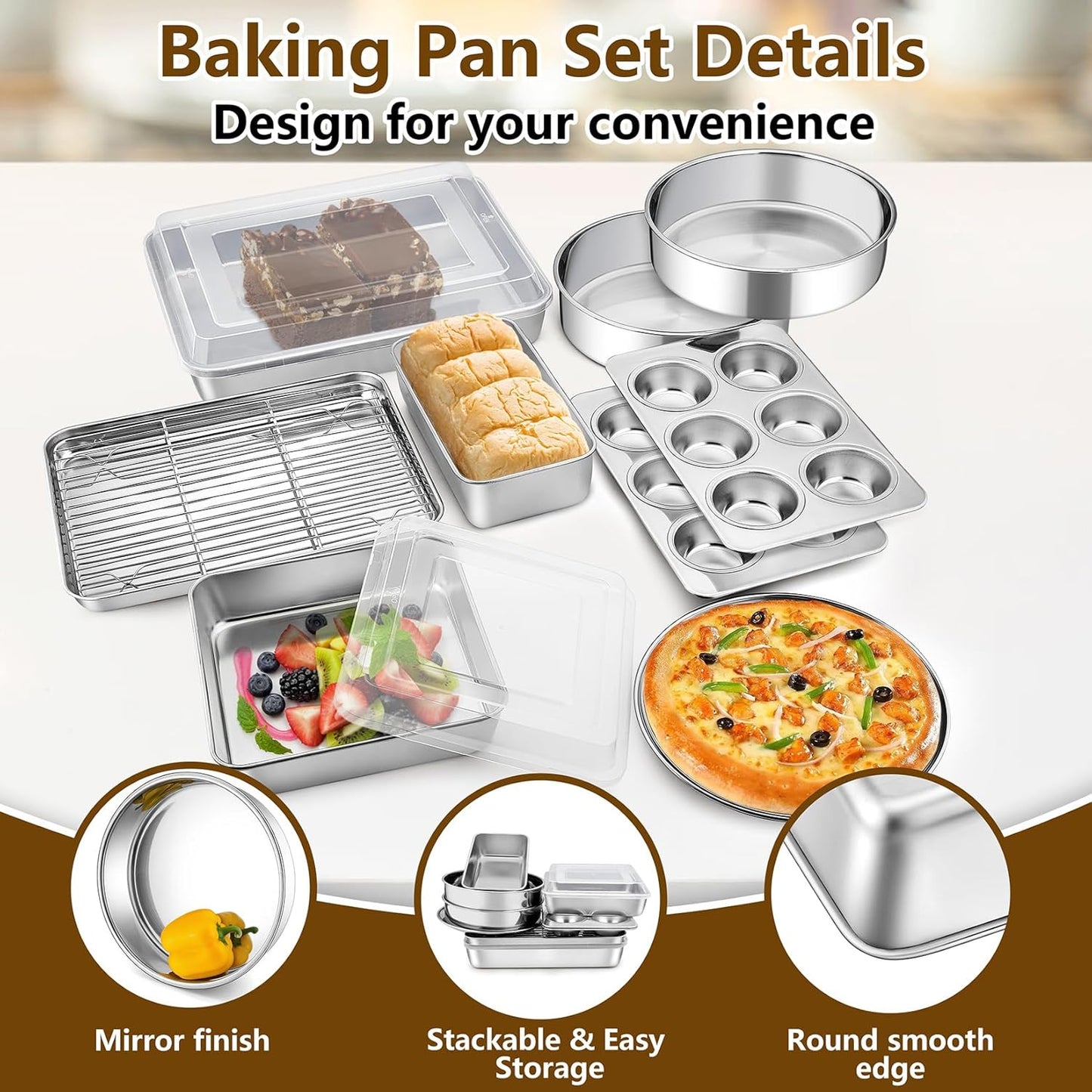 Stainless Steel Bakeware Set, 12-Piece Kitchen Baking Pans Set, Baking Sheet with Rack, Square Cake Pan with Lid, Lasagna Pan, Loaf Pan, Muffin Pan, Pizza Tray & 2 Covers, Easily Clean
