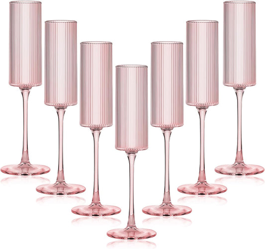 16 Pack Plastic Champagne Flutes, 5.5 Oz Unbreakable Goblet Glasses Reusable Champagne Toasting Cups - Modern & Elegant for Wedding Party Anniversary Christmas Birthday (5.5Oz-Ribbed-Pink-16Pack)