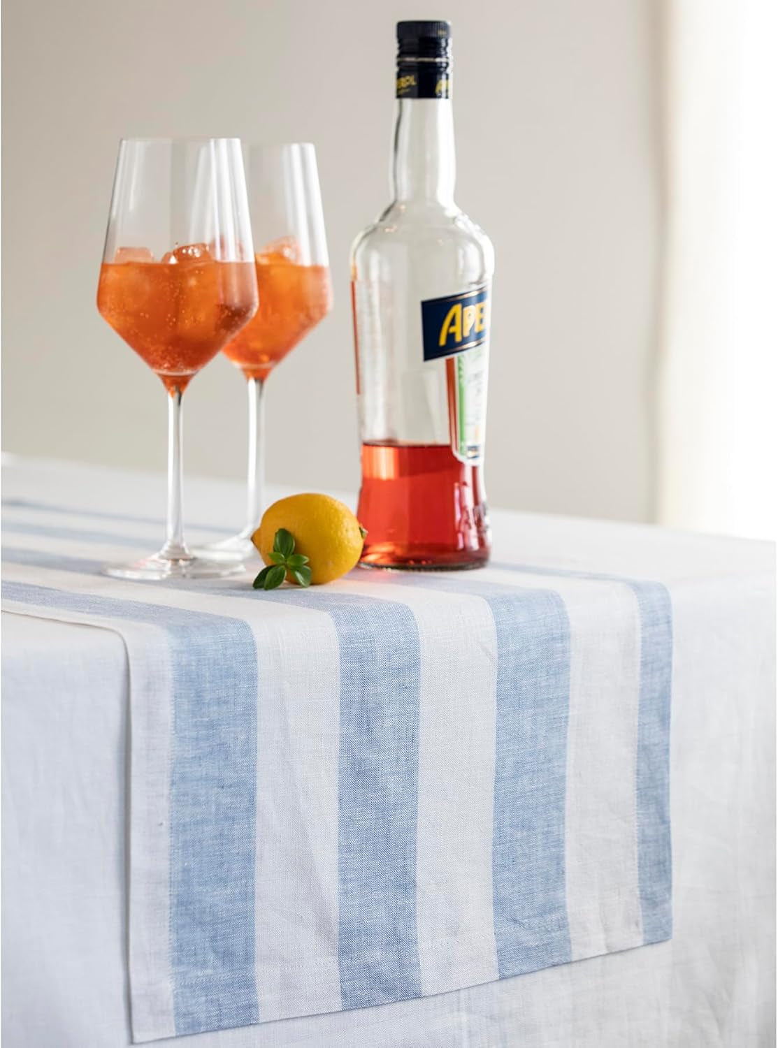 Linen Table Runner 36 Inches - Cabana Stripe 100% Pure Linen Sky Blue and White Table Runner 14 X 36 Inch Ideal for Dresser and Coffee Tables - Summer