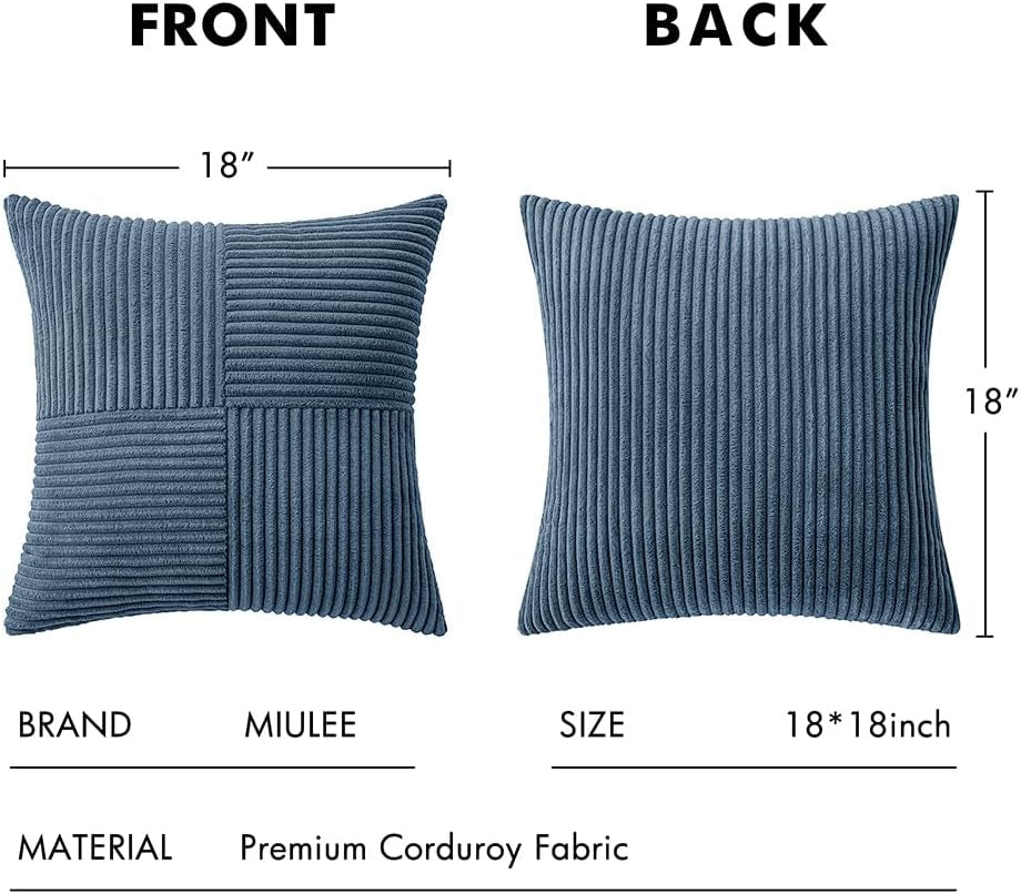 Blue Corduroy Pillow Covers Pack of 2 Boho Decorative Spliced Throw Pillow Covers Soft Solid Couch Pillowcases Cross Patchwork Textured Cushion Covers for Living Room Bed Sofa 18X18 Inch