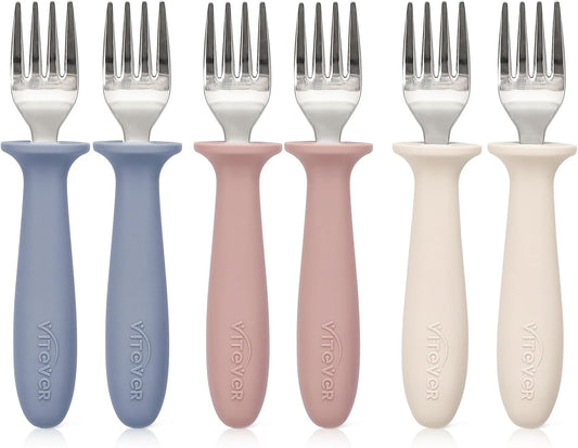 6 Pieces Toddler Forks,Kids Safe Utensils Set with Silicone round Handle for Self Feeding,18/8 Stainless Steel Baby Forks,Children'S Silverware Set BPA Free, Dishwasher Safe