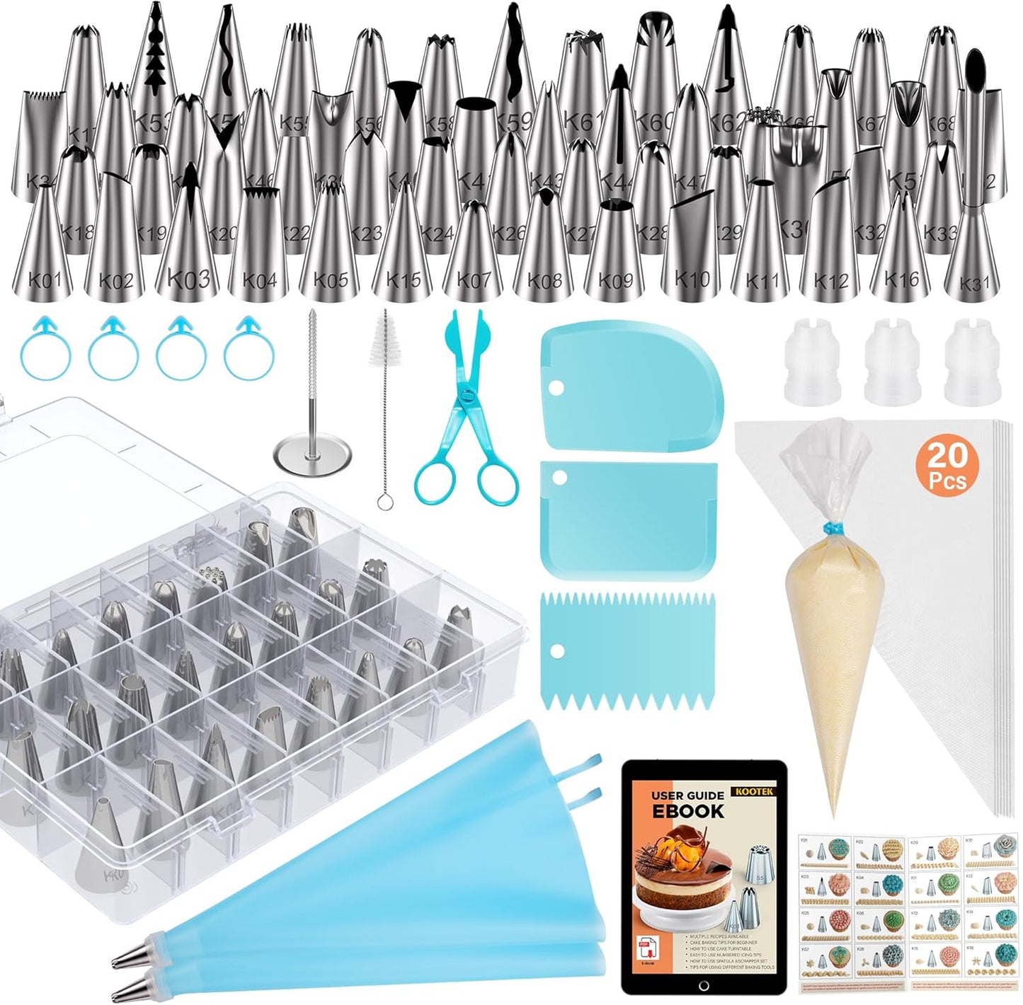 90 Pcs Piping Bags and Tips Set, Cake Decorating Supplies Kit with 55 Numbered Icing Piping Tips, 20+2 Pastry Bags for Cake Cupcake, Frosting Piping Kit with Booklet and Ebook