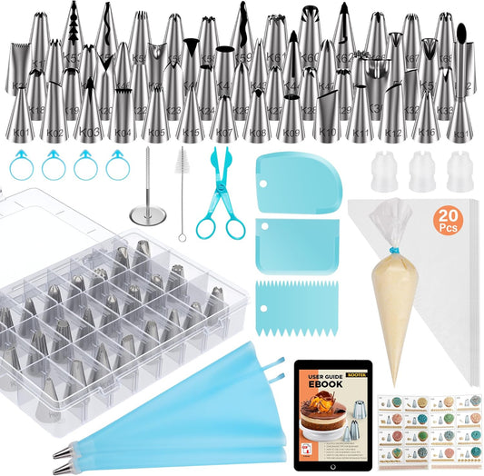 90 Pcs Piping Bags and Tips Set, Cake Decorating Supplies Kit with 55 Numbered Icing Piping Tips, 20+2 Pastry Bags for Cake Cupcake, Frosting Piping Kit with Booklet and Ebook