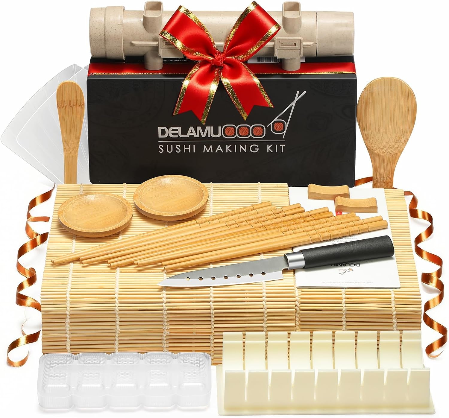 Sushi Making Kit, 20 in 1 Bazooka Roller Kit with Chef’S Knife, Bamboo Mats, Rice Mold, Temaki Sushi Mats, Rice Paddle, Spreader, Chopsticks, Sauce Dishes, Guide Book