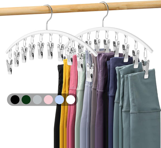 Legging Organizer for Closet, Metal Yoga Pants Hanger W/Rubber Coated 2 Pack W/10 Clips Hold 20 Leggings, Hangers Space Saving Hanging Closet Organizer for Closet Organizers and Storage-White