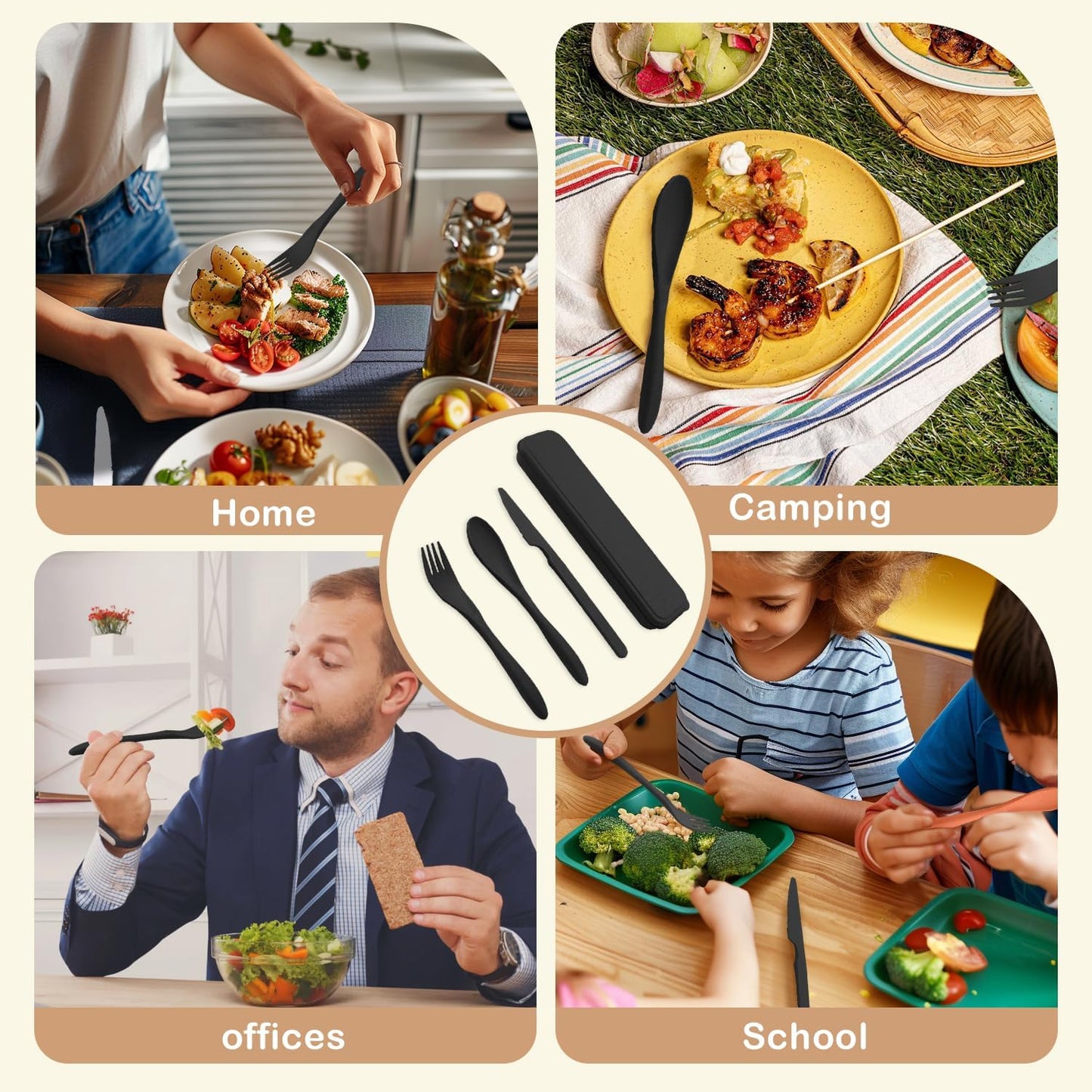 Premium Reusable Travel Utensils Set with Case - 4-Piece Wheat Straw Portable Cutlery for Work, Camping, Picnics, and School (Black)