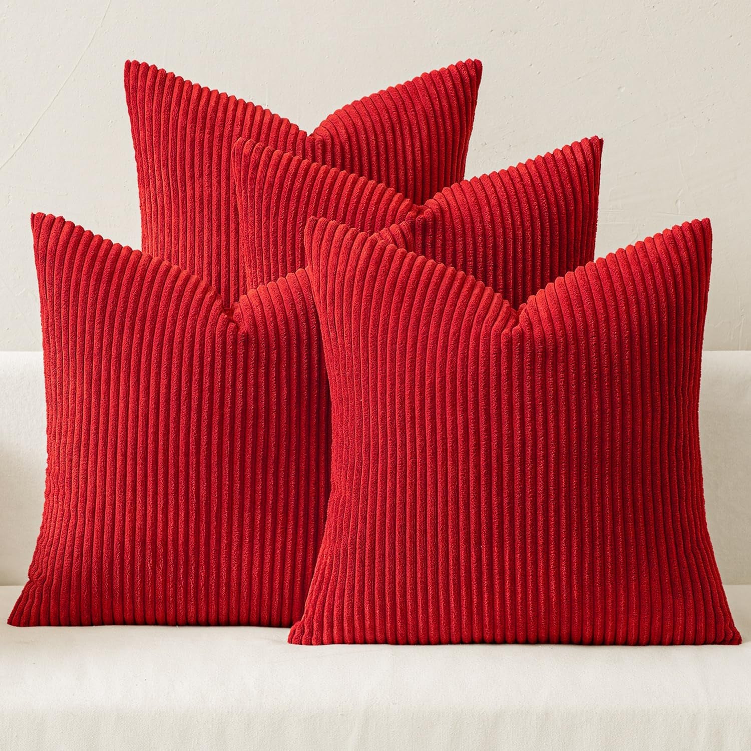 Boho Farmhouse Throw Pillow Covers 18X18 Inch Set of 4 Mordern Nordic Cushion Covers Soft Corduroy Home Decor for Couch Bed Sofa Living Room Christmas Red