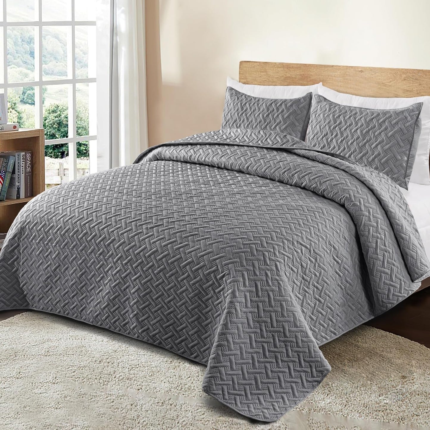 Queen/Full Size Lightweight Soft Quilt Set, 3-Piece Grey Bedspread Coverlet Bedding for All Seasons with Woven Pattern