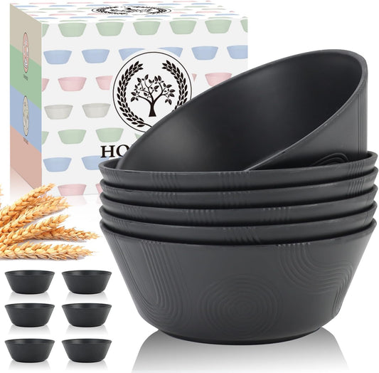 Large Wheat Straw Cereal and Soup Bowl Set - 36 Oz, Textured Design, 6 Piece Microwave and Dishwasher Safe Bowls for Kitchen, Ideal for Serving Soup, Ramen, Pho, and Salad - Black