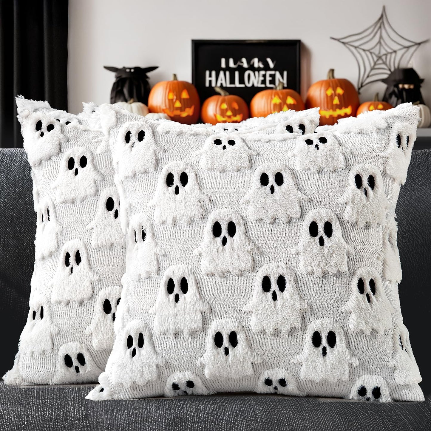Halloween Pillow Covers Set of 2 White Ghost Decorative Soft Throw Pillows Plush Faux Fur Wool Couch Cushion Case for Fall Decor Chair Sofa Bedroom Living Room 18X18 Inch