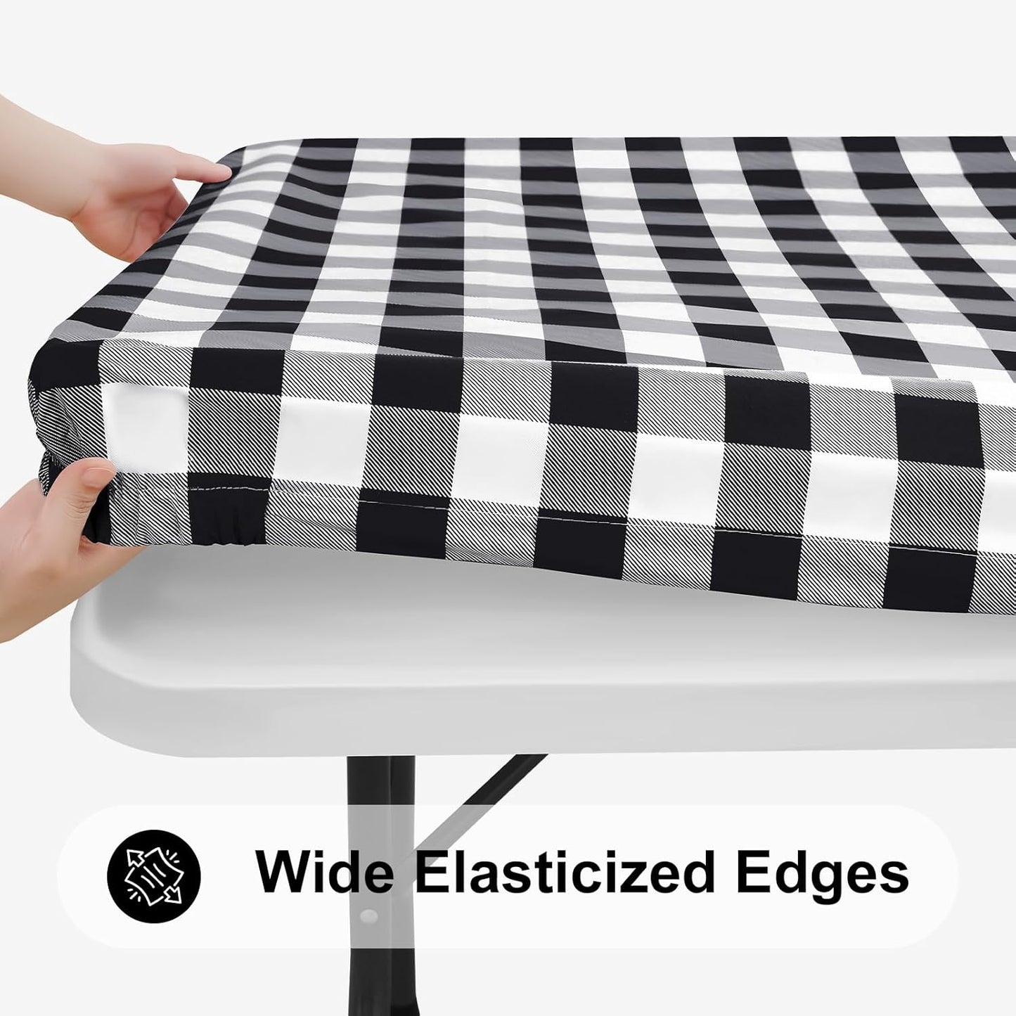 Rectangular Waterproof Fitted Vinyl Picnic Tablecloth, Flannel-Backed Buffalo Plaid Cover for Dining and Outdoor Use (Black and White, 30" x 72")