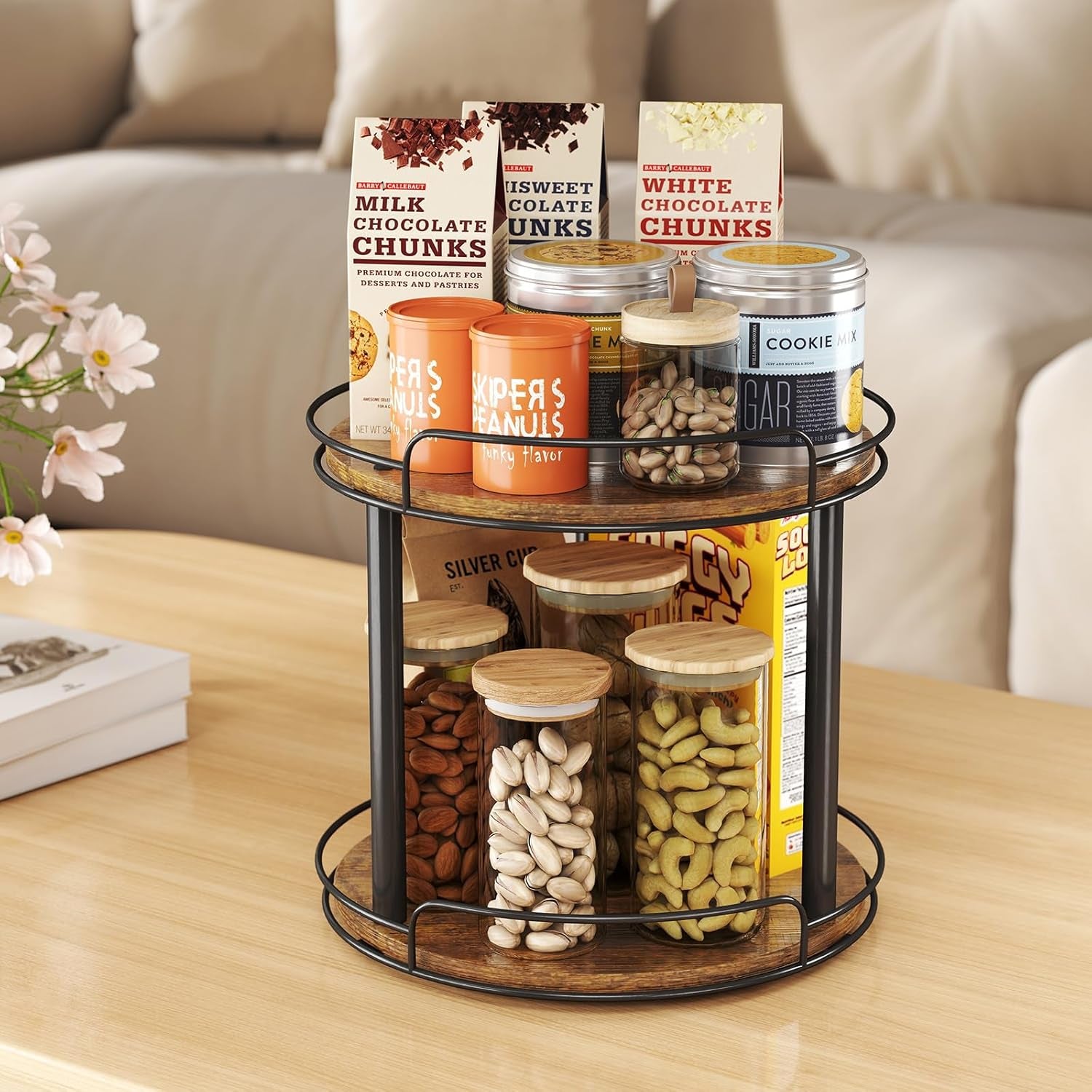 10.2'' Wood Lazy Susan Turntable Organizer for Cabinet, 2 Tier Lazy Susan Spice Rack Organizer for Kitchen, Table Top, Countertop, Pantry, Medicine Organizer