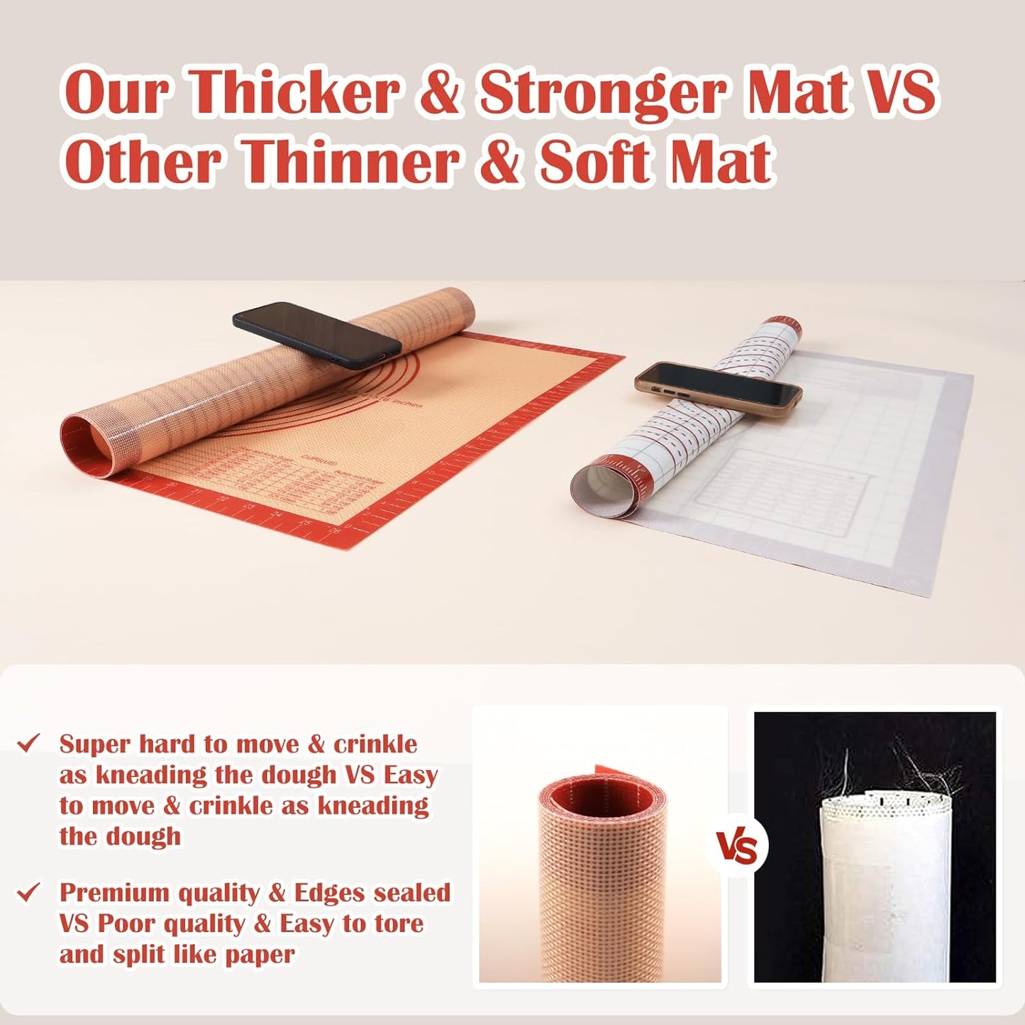 Extra Thick Silicone Pastry Mat Large for Nonstick Baking Mat with Measurement,For Kneading,Fondant/Counter Pad, Dough Rolling, Silicon Cookie Sheet, Pie Crust Bake (16×20, Red)