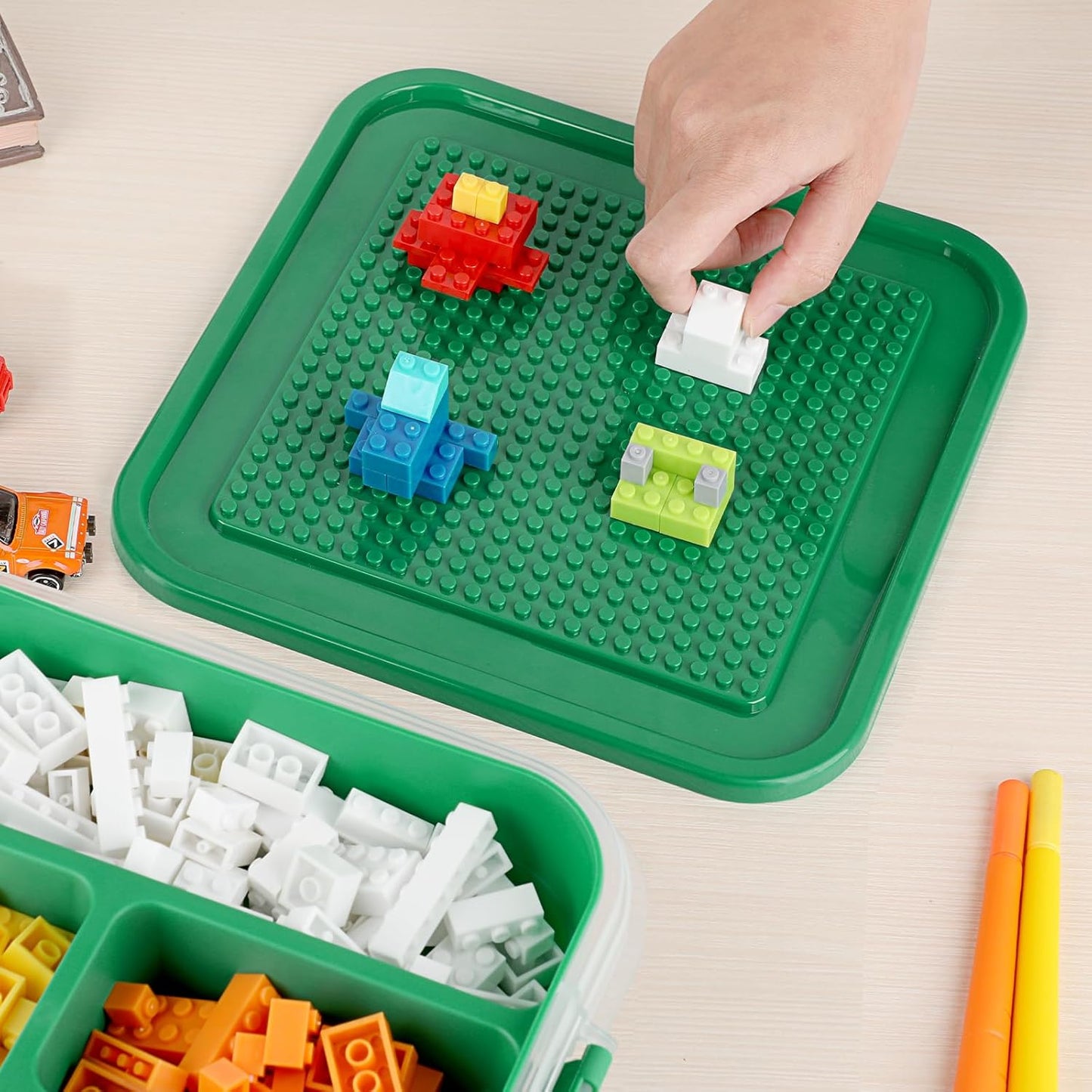 Plastic Storage Container with Brick Baseplate Lid for Building Blocks, Compartmentalized Organizer Tray, Stackable Storage Box for Building Block Collection (Green)