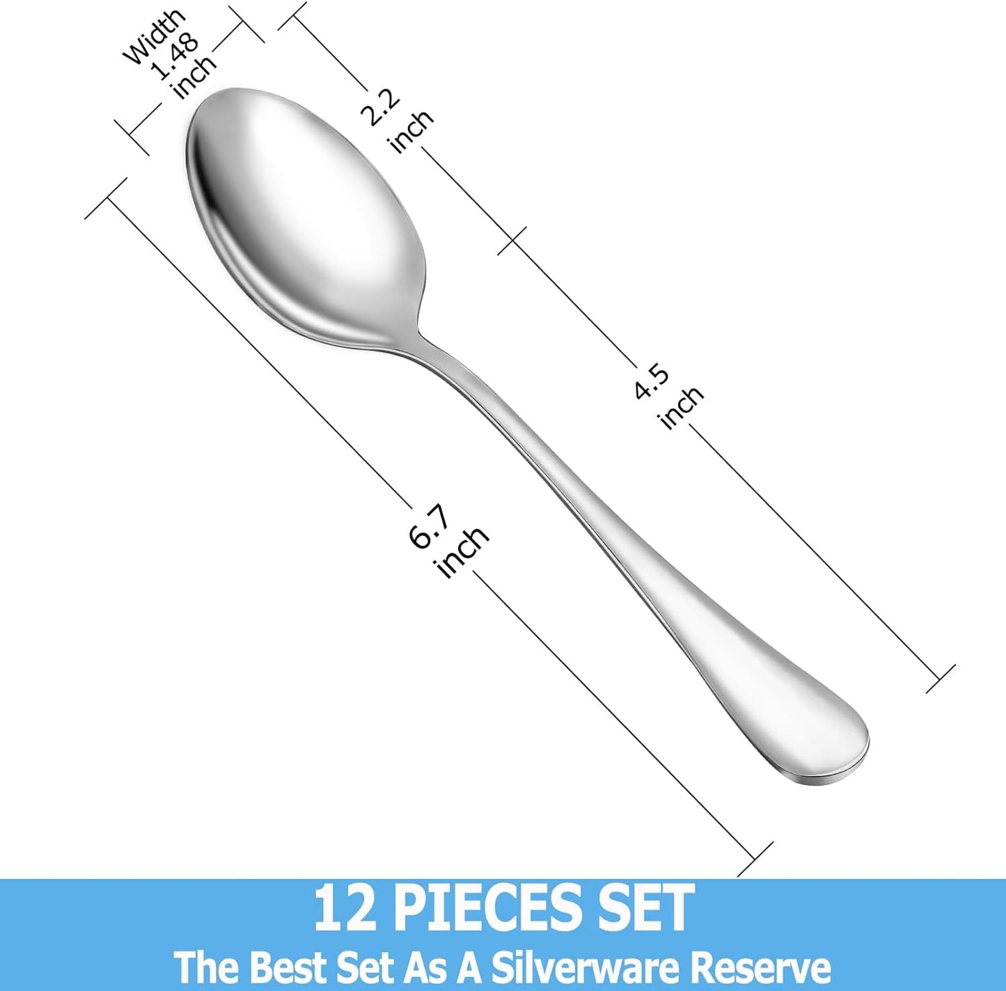 12 Piece Teaspoons Set,Food Grade Stainless Steel Tea Spoons,Durable Small Spoons,Metal Dessert Spoon,Spoon Silverware for Home,Kitchen or Restaurant,Mirror Polished & Dishwasher Safe,6.7-Inch