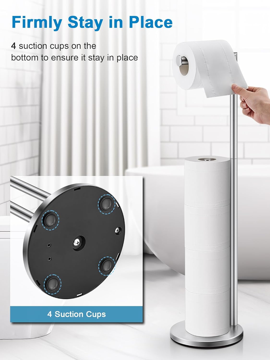 Toilet Paper Holder Stand, Bathroom Toilet Paper Holder Free Standing, 5-Roll Toilet Paper Stand with Suction Cups, Non-Slip Toilet Paper Roll Holder, Stainless Steel, Weighted Base, Silver