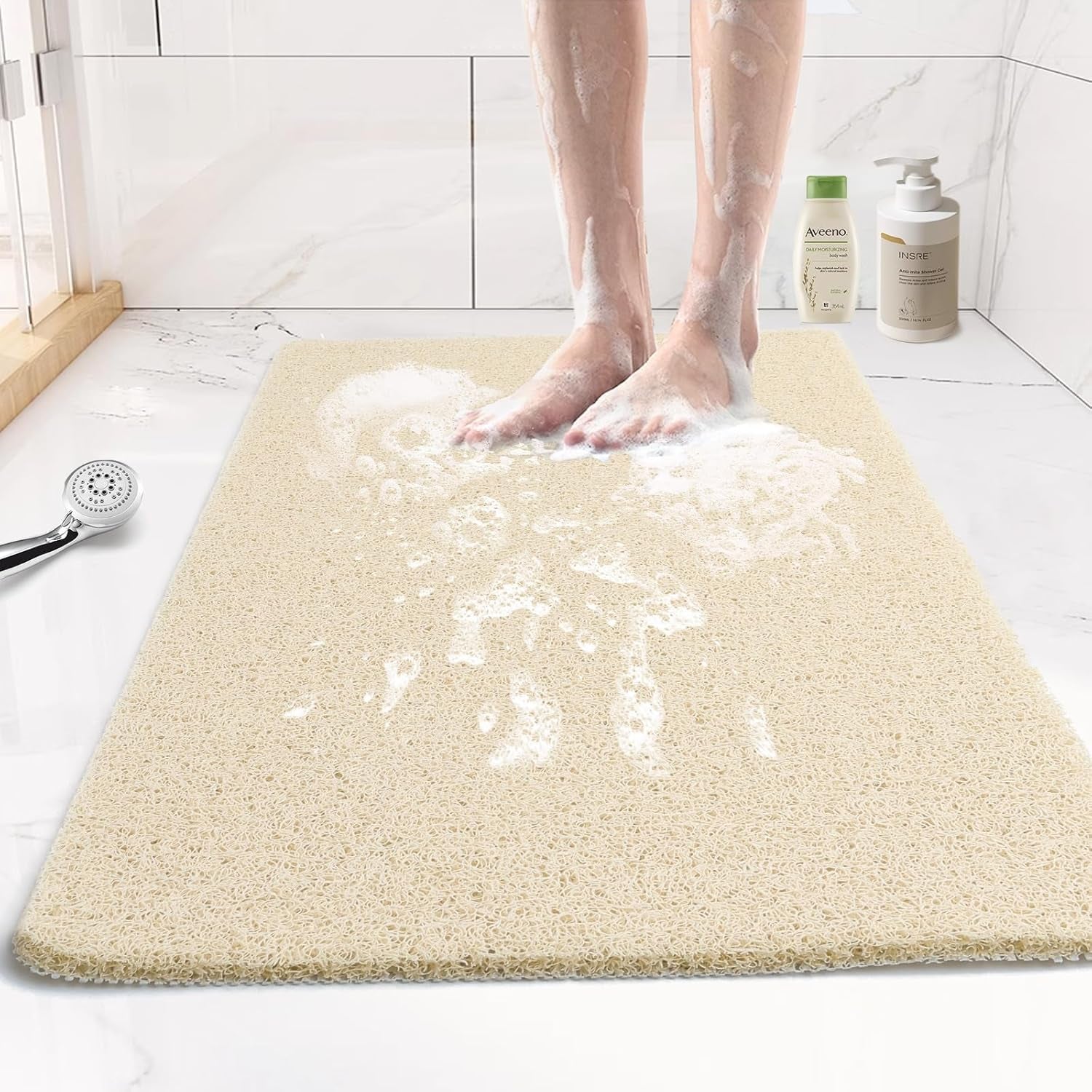 Bathtub Mat Non Slip, Bath Mat for Tub, Shower Mats for inside Shower, 17X24 Inch, PVC Loofah Bathroom Mats for Wet Areas, Quick Drying, Beige