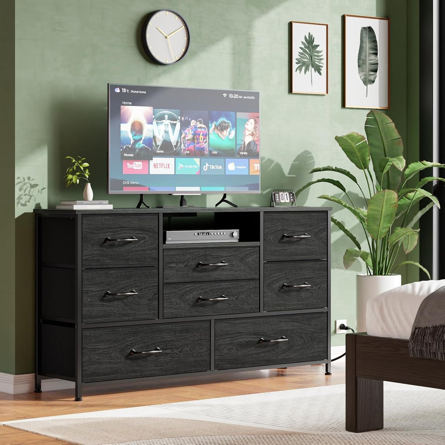Dresser TV Stand with Power Outlet for 55-Inch TVs, Entertainment Center Featuring 8 Deep Drawers, Ideal Storage Solution for Bedroom, Closet, Living Room, and Hallway (Black Oak)