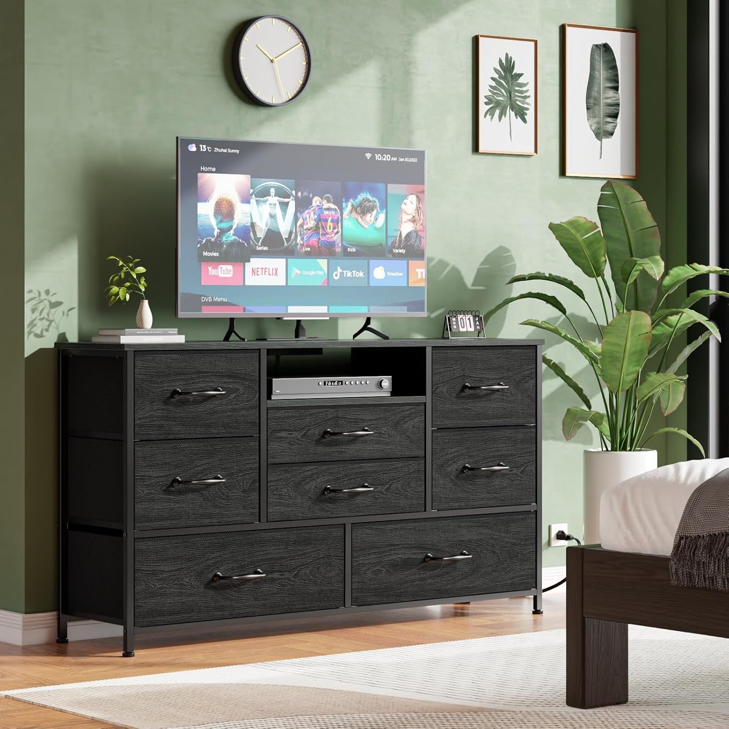 Dresser TV Stand with Power Outlet for 55-Inch TVs, Entertainment Center Featuring 8 Deep Drawers, Ideal Storage Solution for Bedroom, Closet, Living Room, and Hallway (Black Oak)