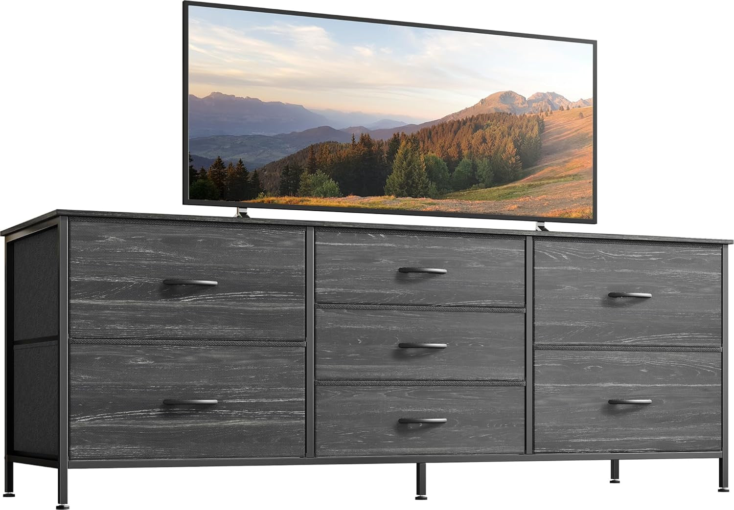 Elegant Charcoal Black Wood Grain Dresser and TV Stand Combo with 7 Drawers, Suitable for 43 to 60 Inch TVs