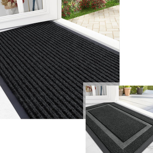 Front Door Mat Indoor Outdoor Entrance, and Waterproof All-Weather All-Season Doormat Size 29.5X17 in Black, 2 Item Bundle