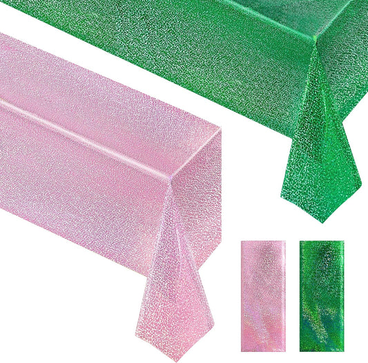Set of 2 Holographic Tablecloths in Pale Pink and Green, 40" x 108", Ideal for Birthday and Bachelorette Party Decorations