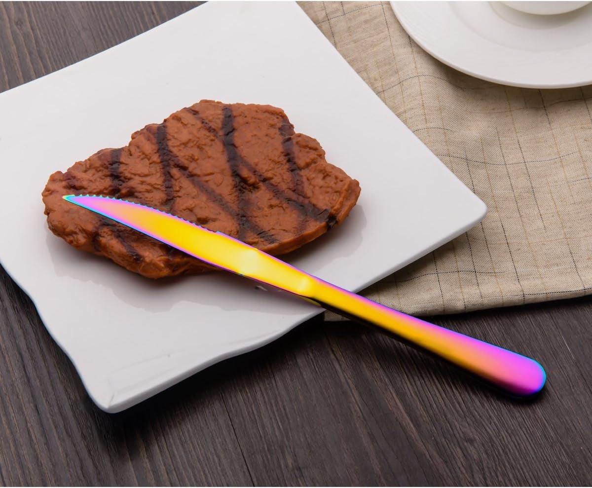 Multicolor Titanium-Plated Stainless Steel Steak Knives - Heavy-Duty Set for Chefs, Ideal for BBQs, Weddings, Dinners, and Home Use - Pack of 6