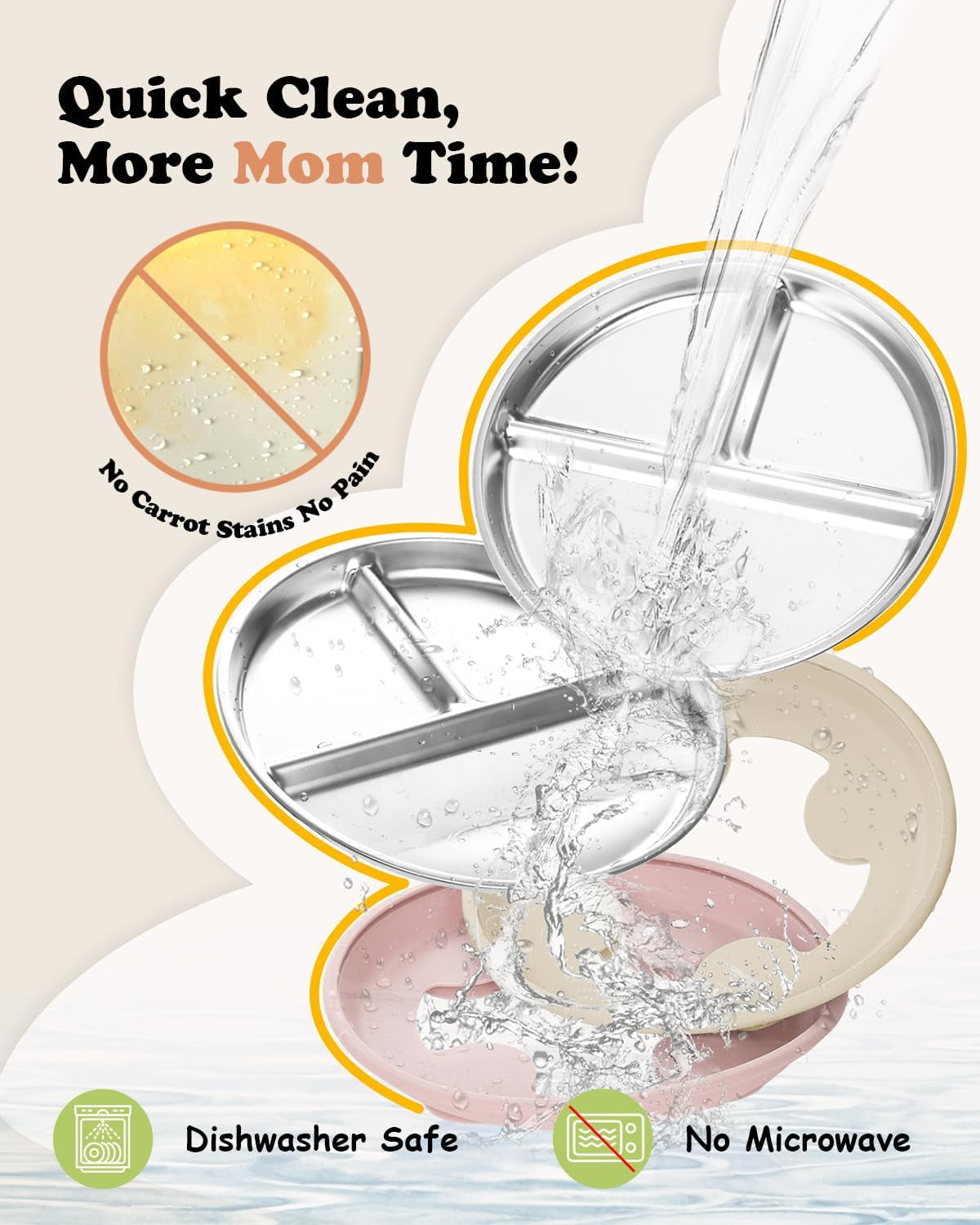 Stainless Steel Toddler Suction Plate with Lid, Deeper 9" Divided Plates with Removable Silicone Sleeves for Kids, Non Toxic & BPA Free | Unbreakable Baby Snack Dishes Set of 2,Pink & Beige