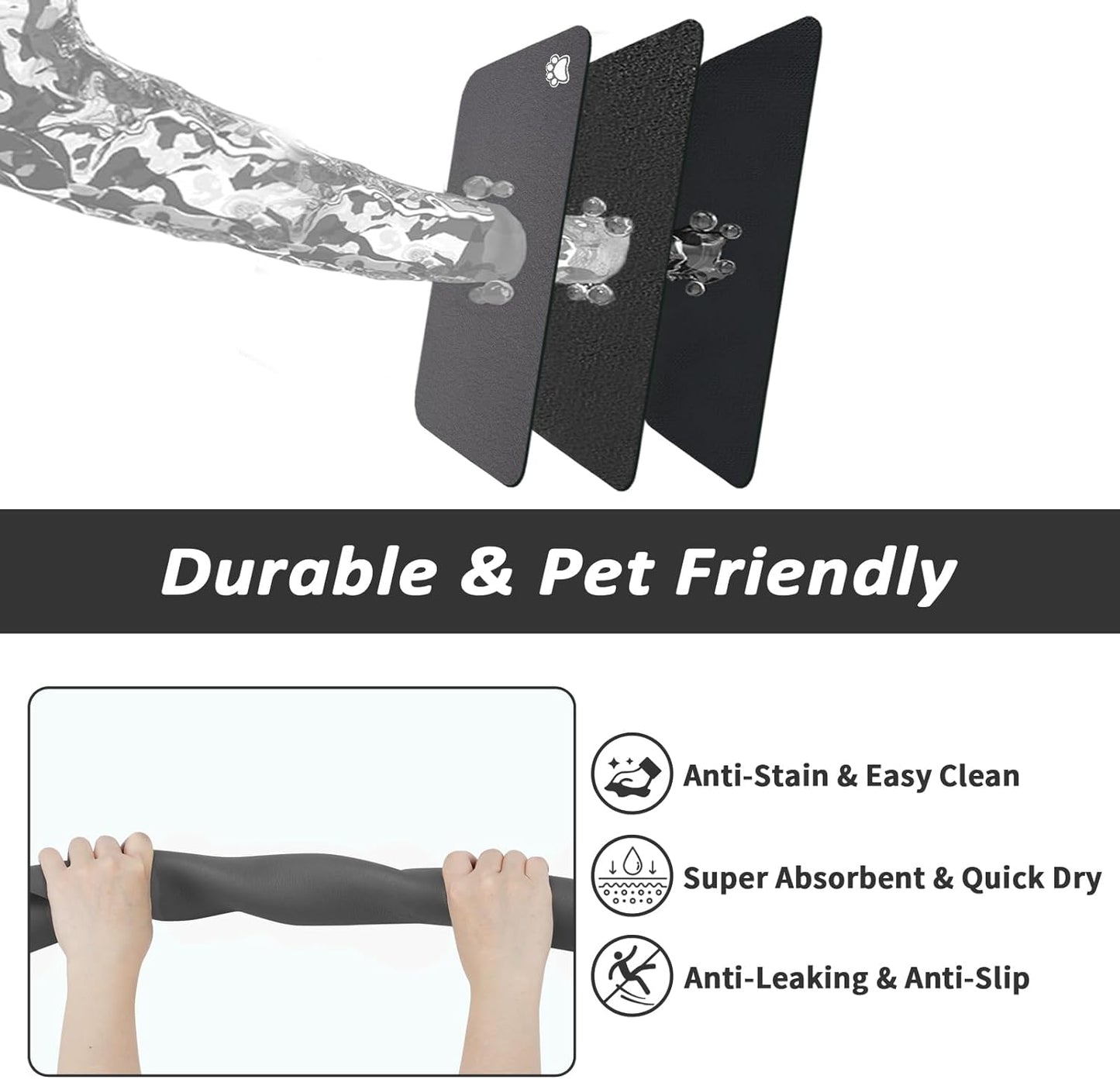 Pet Feeding Mat - Absorbent Dog Mat for Food and Water, No Stains Cat Bowl Mat, Easy to Clean Pet Placemats, Quick Dry Dog Water Dispenser Mat for Messy Drinkers | Paw Dark Grey 12"X 19"