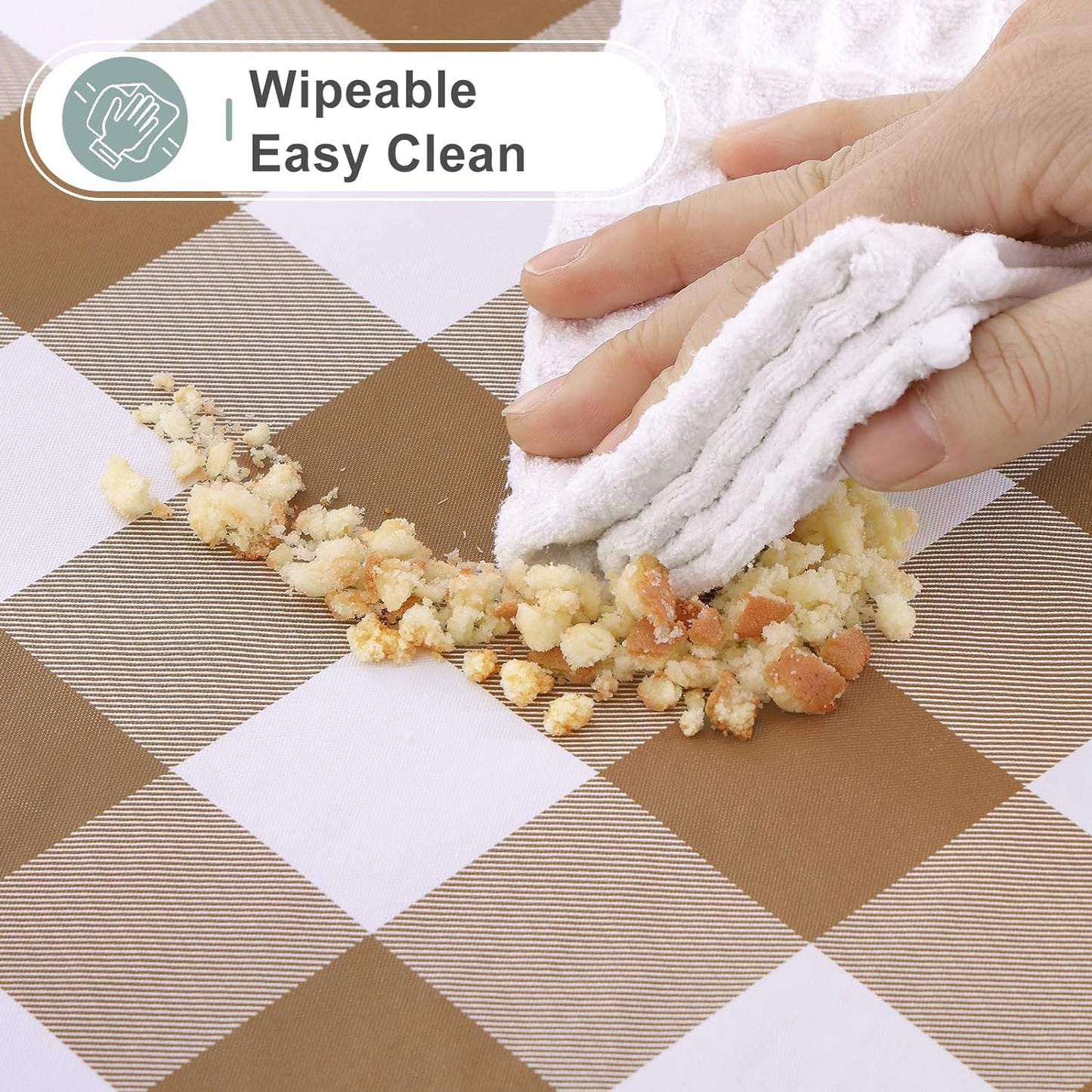 Rectangle Waterproof Vinyl Table Cloth, Buffalo Flannel Backed Tablecloth, Wipeable Plastic Table Cover for Fall, Thanksgiving (60" X 84", Brown and White)