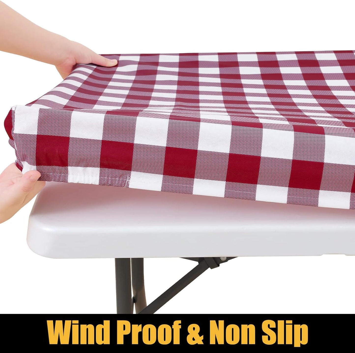 Rectangle Picnic Table Cloth, Elastic Waterproof Fitted Vinyl Tablecloths, Flannel Backed Buffalo Plaid Table Covers for Dining, Camping, Outdoor (Burgundy and White, 30" X 72")